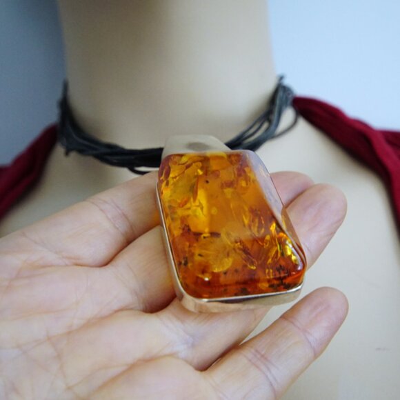 Modernist Faceted Amber and 925 Silver Huge Pendant With Black Leather Cord 17" - Picture 12 of 16
